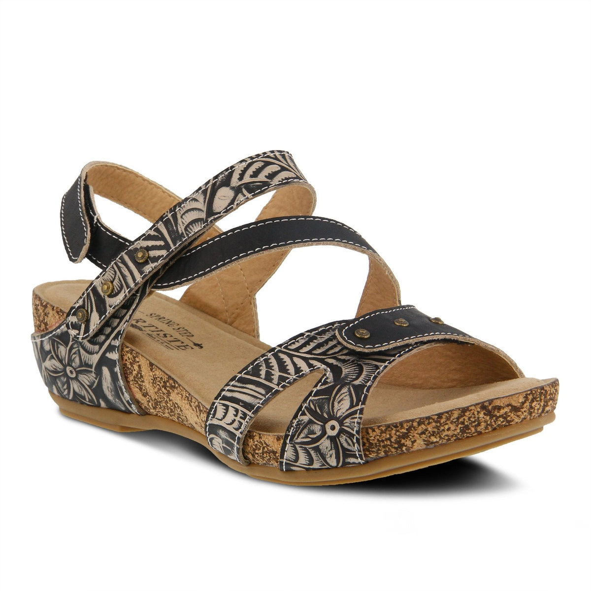 L'Artiste by Springstep Footwear Quilana hand-painted asymmetrical leather sandal has an earthy embossed floral design adorned with antiqued metal buttons for an artsy easy look.