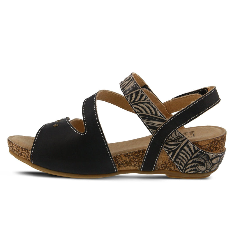 L'Artiste by Springstep Footwear Quilana hand-painted asymmetrical leather sandal has an earthy embossed floral design adorned with antiqued metal buttons for an artsy easy look.