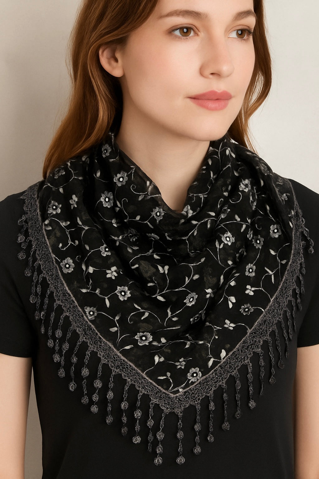Embroidered Floral Triangle Scarf |4 colors|