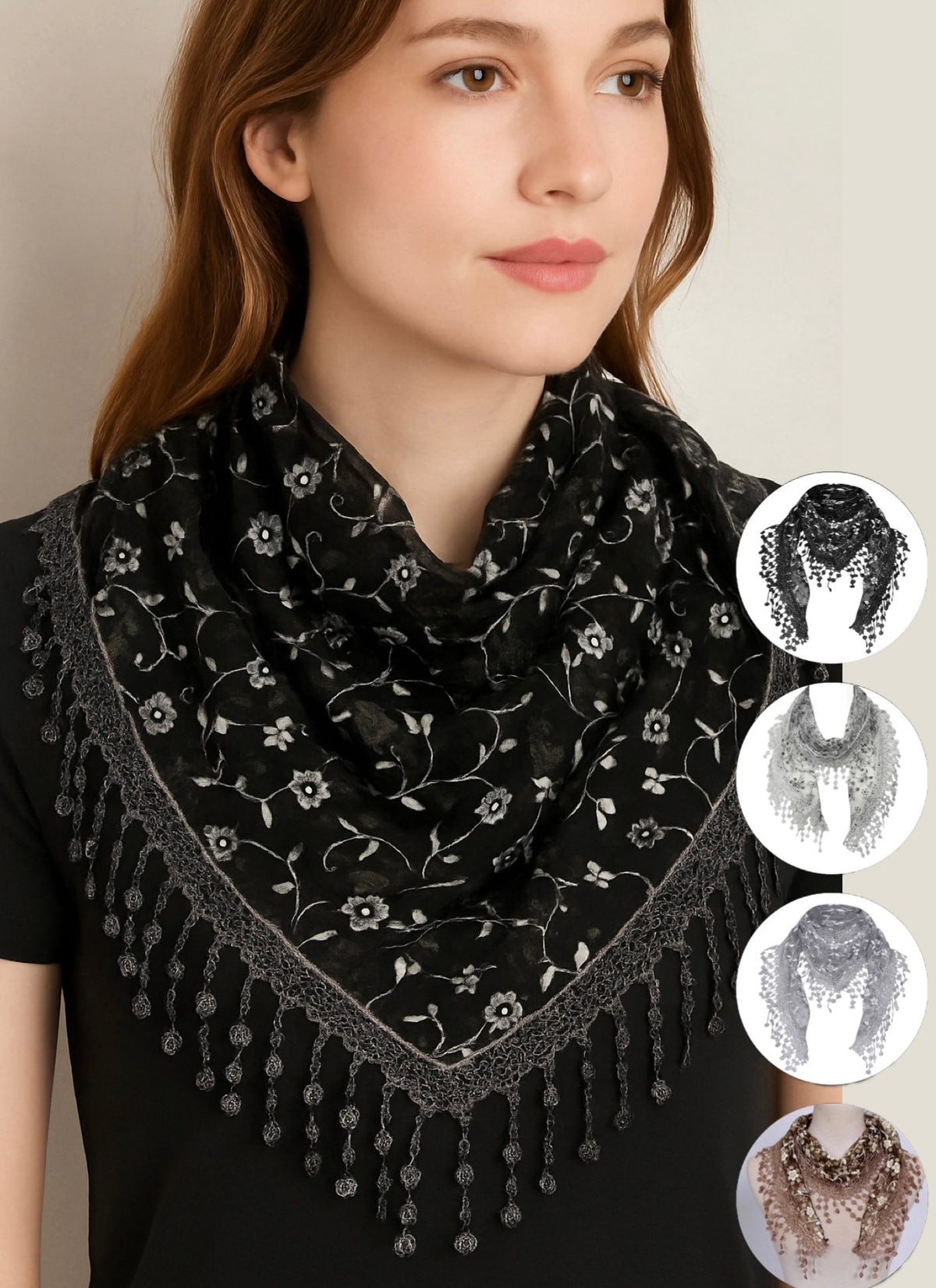 Embroidered Floral Triangle Scarf |4 colors|