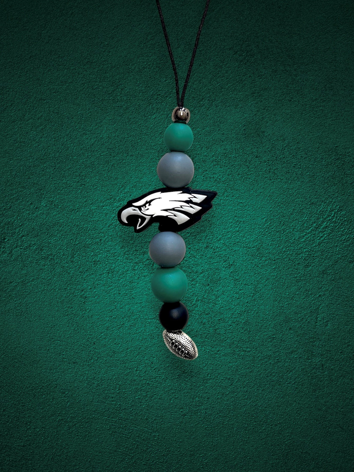 Philadelphia Eagles Football Car Charm with 15mm Black Grey and Green Silicone Beads and Silver Football Accent Charm and 1.5mm Cylon Cording and Quick Release adjustable cord lock