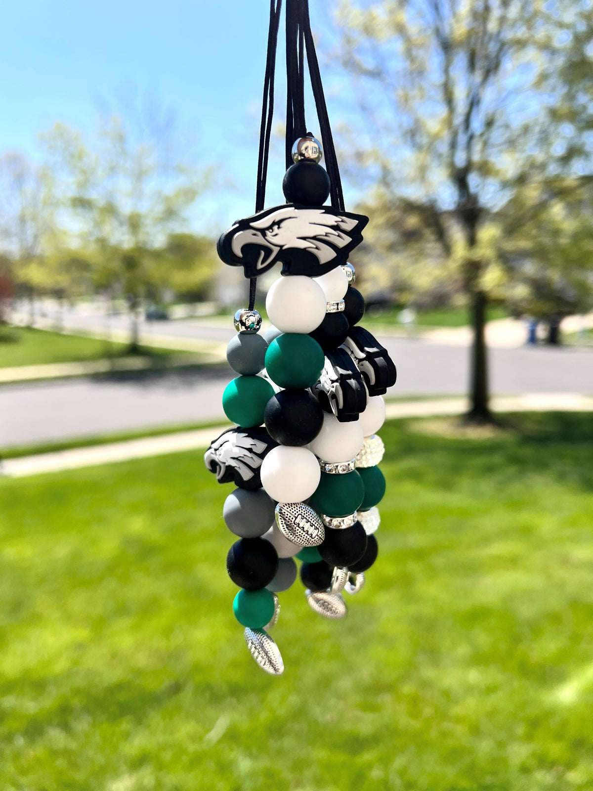 Several Eagles Football Rearview Mirror Dangles with Rhinestone spacers and Silicone Beads
