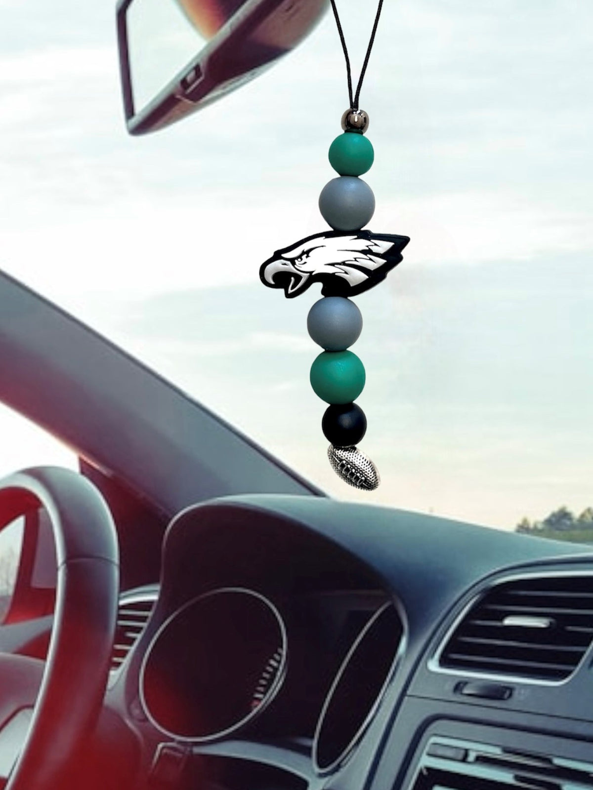 Philly Philadelphia Eagles Rearview Mirror Car Charm with green, grey, and black silicone beads and football dangle charm