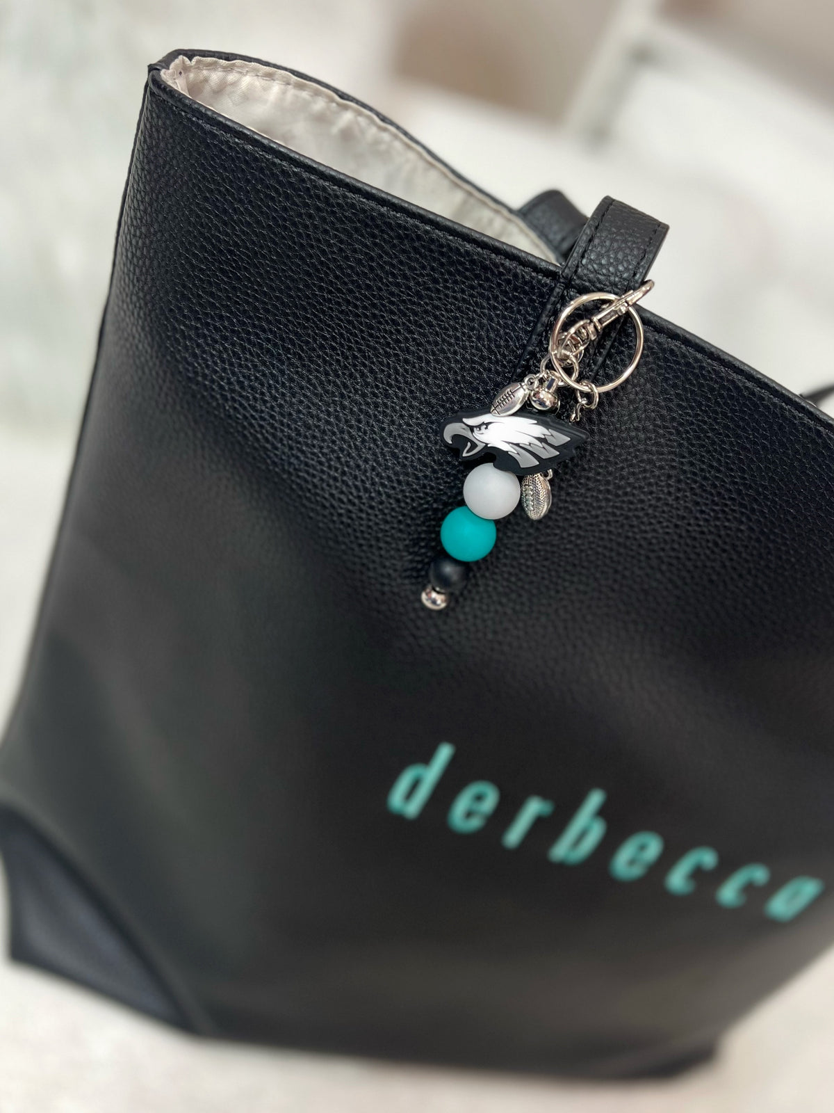 Phila Eagles gift idea Sports keychain keyring with Silicone Eagle logo focal bead and football jewelry charms