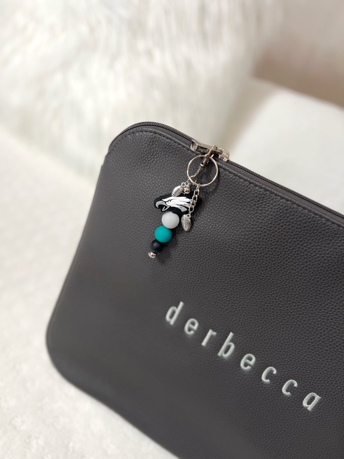 Philly Eagles Silicone Focal Bead Keychain Purse or Bag Charm with Eagles Green silicone round beads