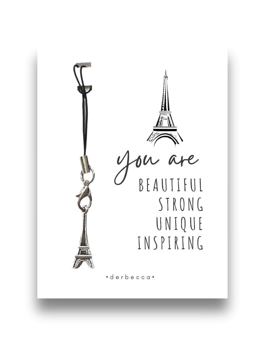 Paris Eiffel Tower Pendant Charm Gift on a black & silver lariat with a poem/verse/saying card that reads: you are BEAUTIFUL STRONG UNIQUE INSPIRING