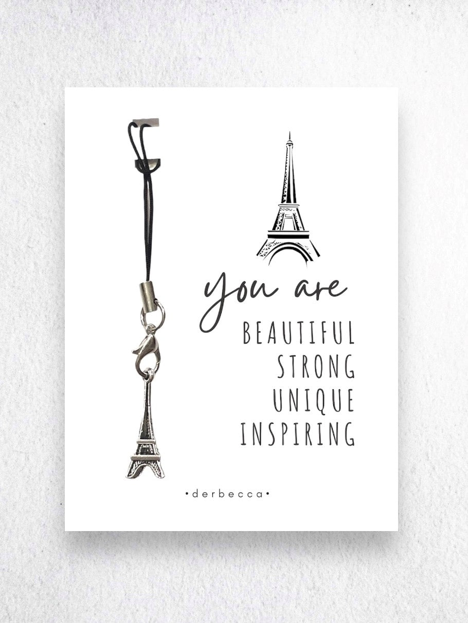 Paris Eiffel Tower Pendant Charm Gift on a black & silver lariat with a poem/verse/saying card that reads: you are BEAUTIFUL STRONG UNIQUE INSPIRING