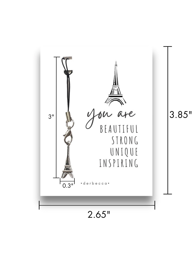 Measurements for Paris Eiffel Tower Pendant Charm Gift on a black & silver lariat with a poem/verse/saying card that reads: you are BEAUTIFUL STRONG UNIQUE INSPIRING