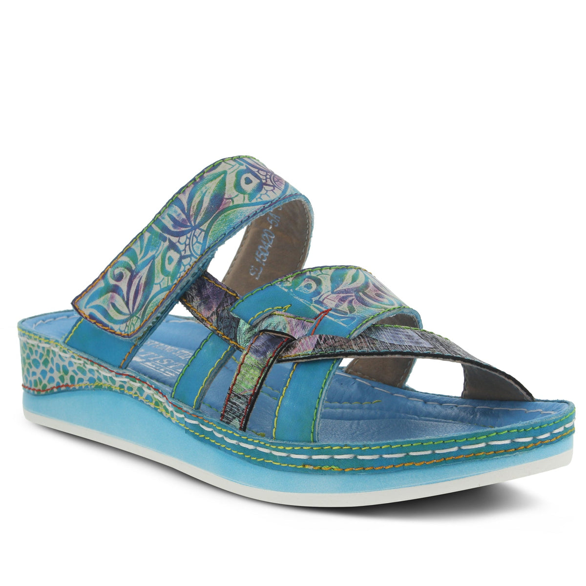 Teal Turquoise Blue Aqua Multi Colored Floral Leather Womens Slide Sandal Rainbow Contrast Stitching French European Shoe