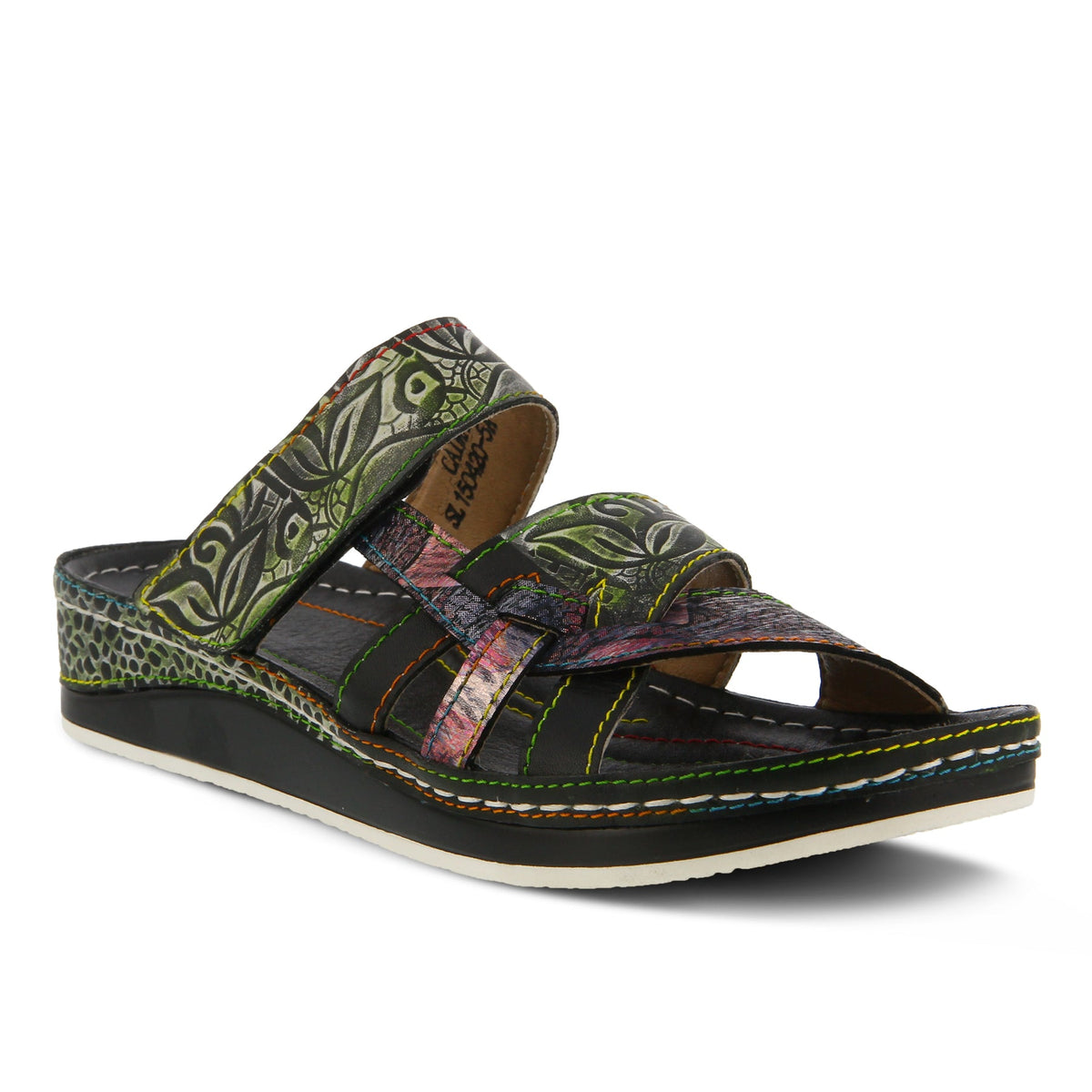 Black Multi Colored Floral Leather Womens Slide Sandal Rainbow Contrast Stitching French European Shoe