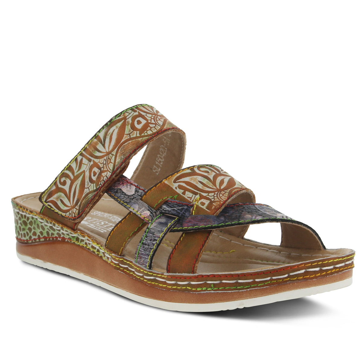 Camel Brown Tan Multi Colored Floral Leather Womens Slide Sandal Rainbow Contrast Stitching French European Shoe