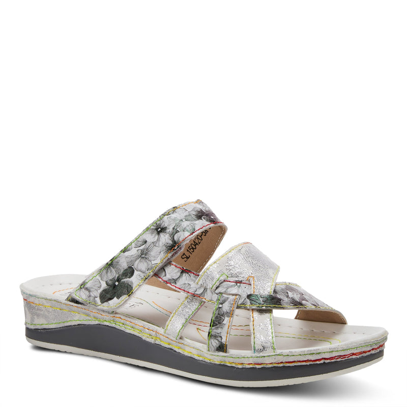 Silver White Multi Colored Floral Leather Womens Slide Sandal Rainbow Contrast Stitching French European Shoe