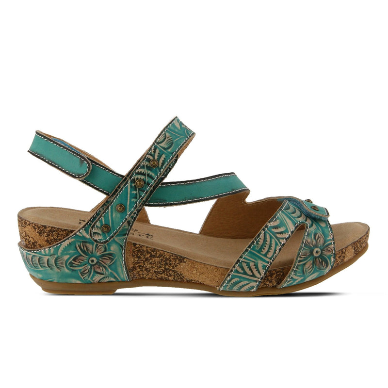 L'Artiste by Springstep Footwear Quilana hand-painted asymmetrical leather sandal has an earthy embossed floral design adorned with antiqued metal buttons for an artsy easy look.