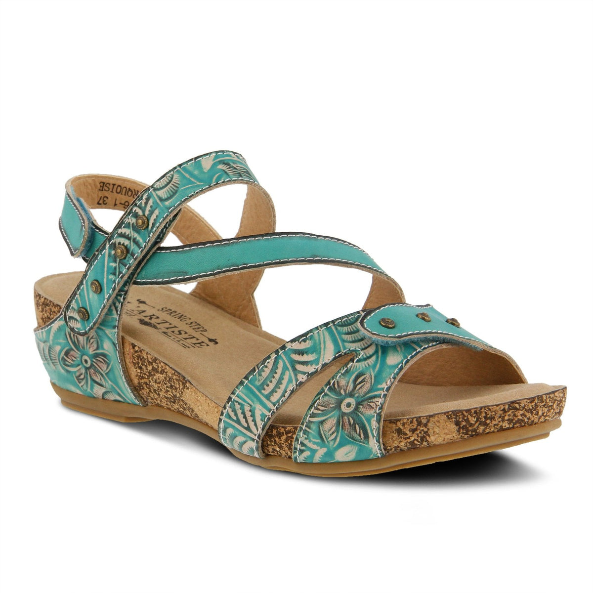 L'Artiste by Springstep Footwear Quilana hand-painted asymmetrical leather sandal has an earthy embossed floral design adorned with antiqued metal buttons for an artsy easy look.