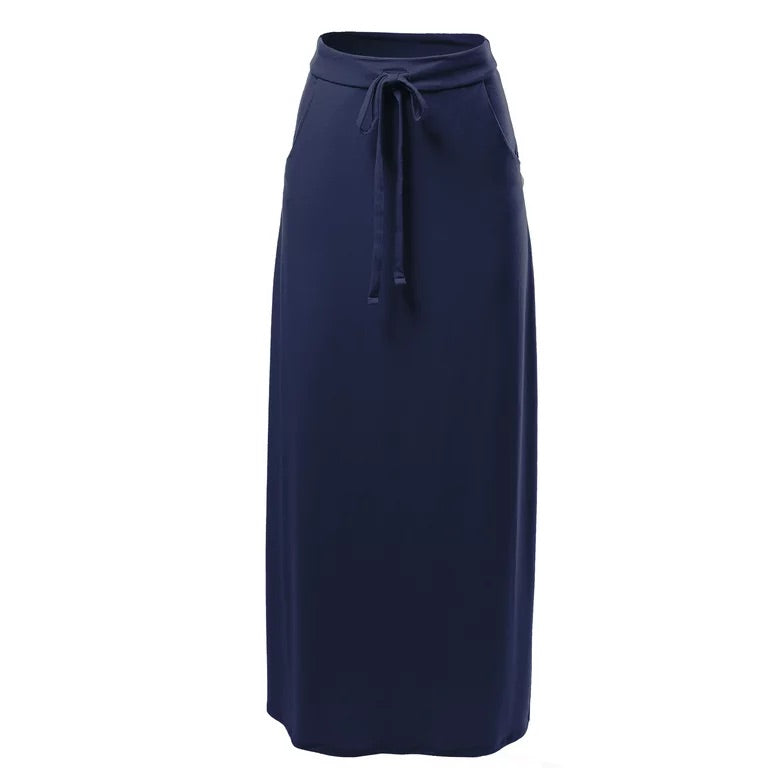 front view product photo of a solid navy blue maxi skirt with pockets and an adjustable drawstring waist tie