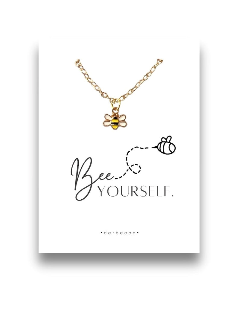 Gold Bumble Bee Charm Pendant Message Necklace 18" inch with 2" inch extender with gift card verse saying poem that reads "bee YOURSELF"