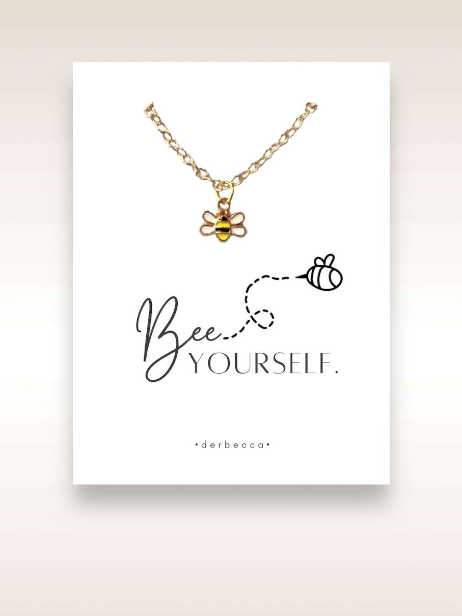 Gold Bumble Bee Charm Pendant Message Necklace 18" inch with 2" inch extender with gift card verse saying poem that reads "bee YOURSELF"
