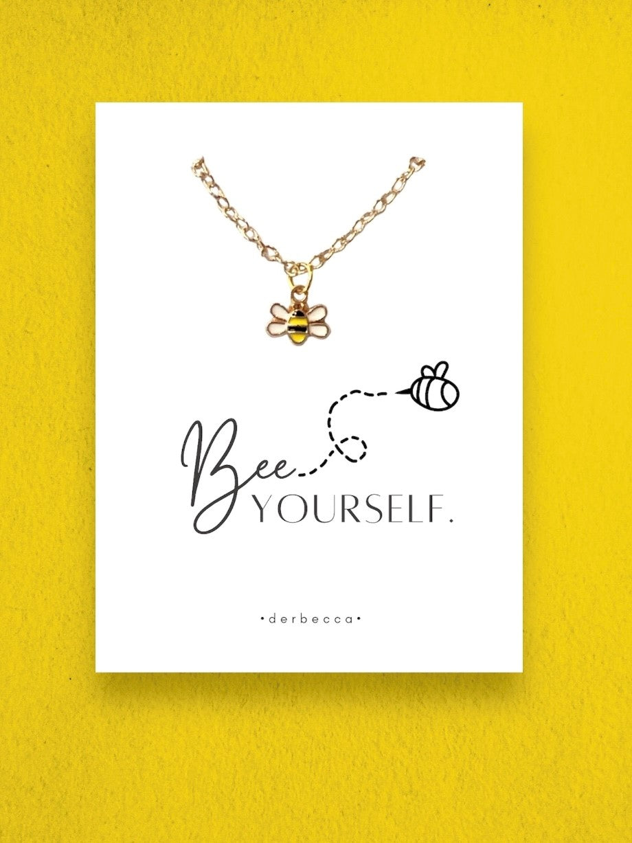 Gold Bumble Bee Charm Pendant Message Necklace 18" inch with 2" inch extender with gift card verse saying poem that reads "bee YOURSELF"