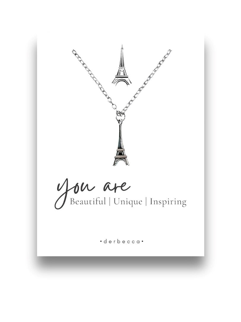 Silver Paris Eiffel Tower Charm Pendant Message Necklace 18" inch with 2" inch extender with gift card verse saying poem that reads "you are Beautiful | Unique | Inspiring"