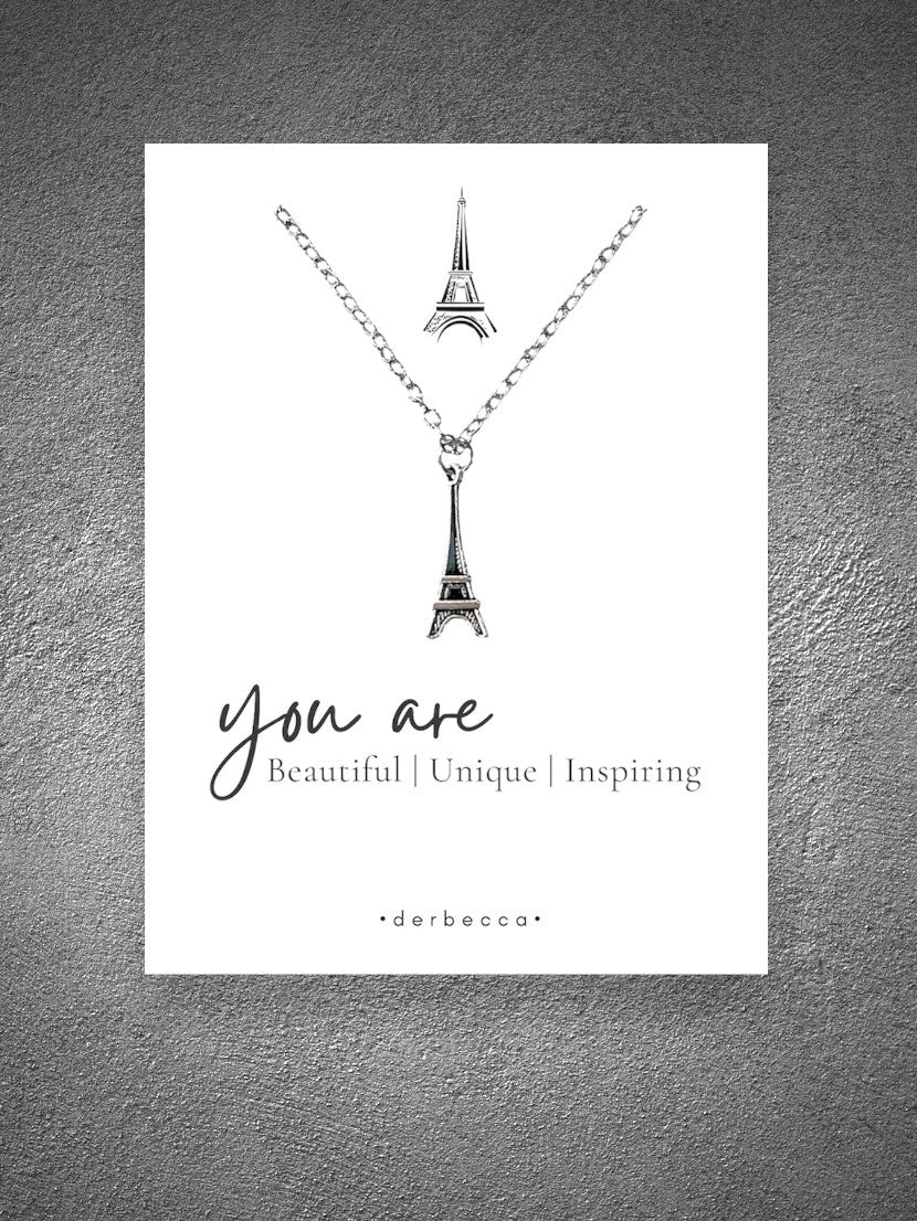 Silver Paris Eiffel Tower Charm Pendant Message Necklace 18" inch with 2" inch extender with gift card verse saying poem that reads "you are Beautiful | Unique | Inspiring"