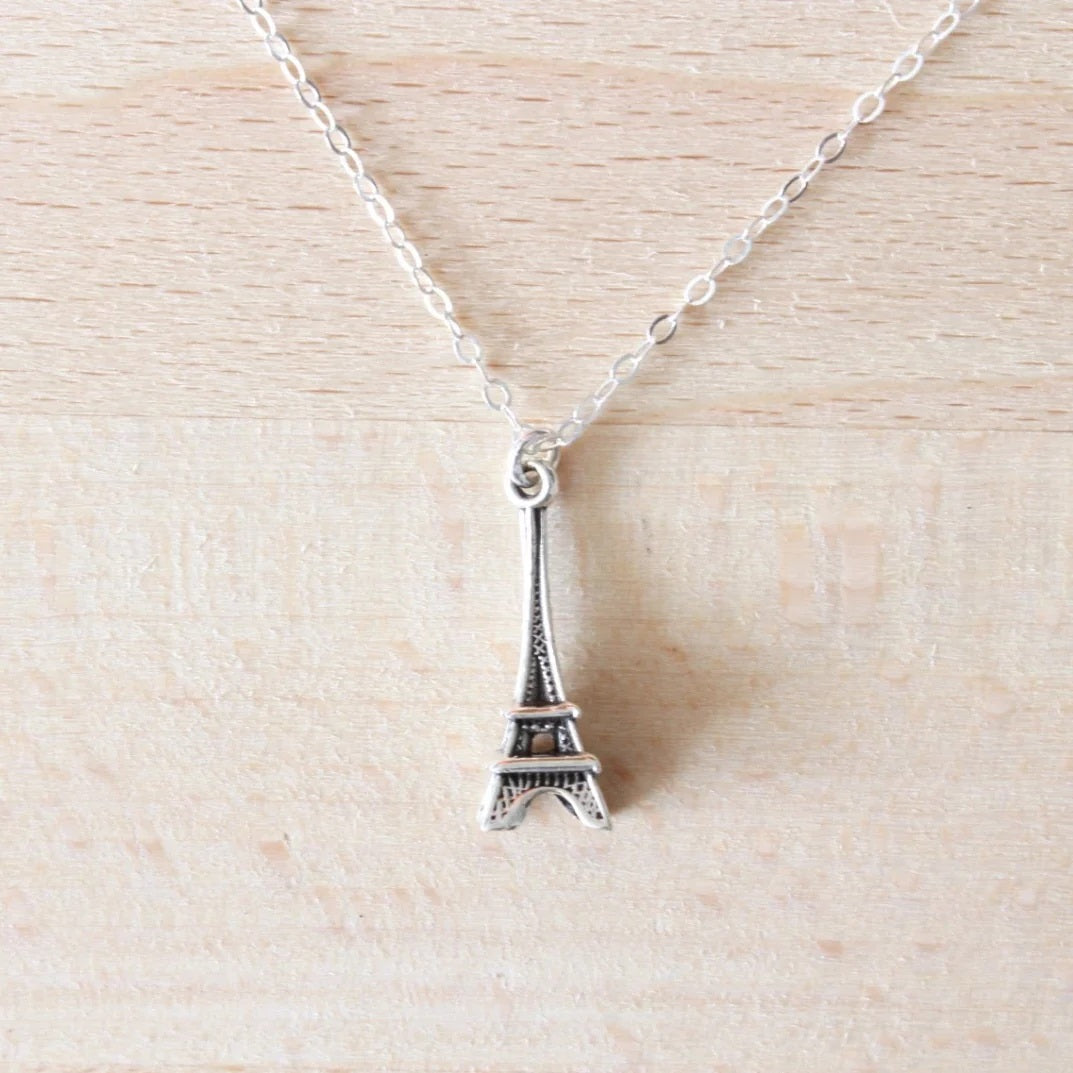 Silver Paris Eiffel Tower Charm Pendant Message Necklace 18" inch with 2" inch extender with gift card verse saying poem that reads "you are Beautiful | Unique | Inspiring"
