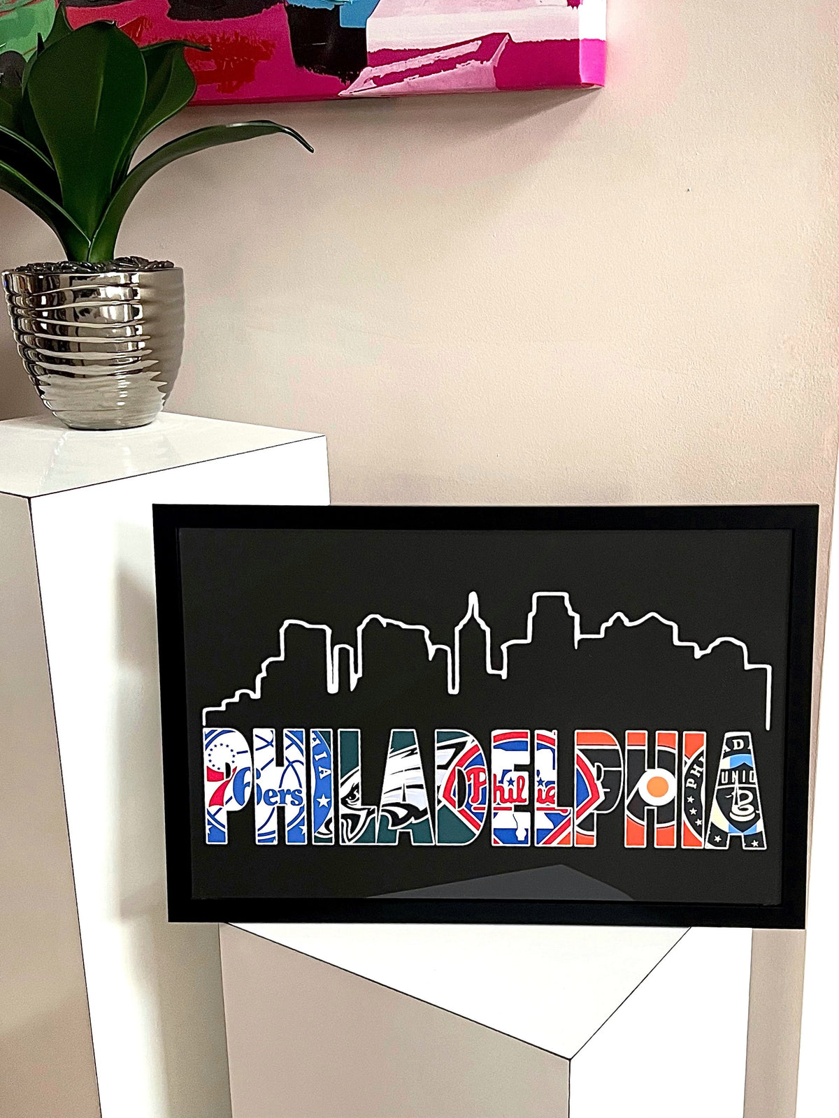 Philadelphia Sports Wall Decor Artwork Print Philly Skyline Mashup Mash-up Fusion Sports Teams: Eagles Football, Flyers Hockey, 76ers Basketball, Phillies Baseball, and Union Soccer. Unique Father's Day gift or birthday Dad, Son, Uncle, Nephew, Grandfather (Grandad/Grandpa/PopPop), Boss, Employee, Neighbor, Friend