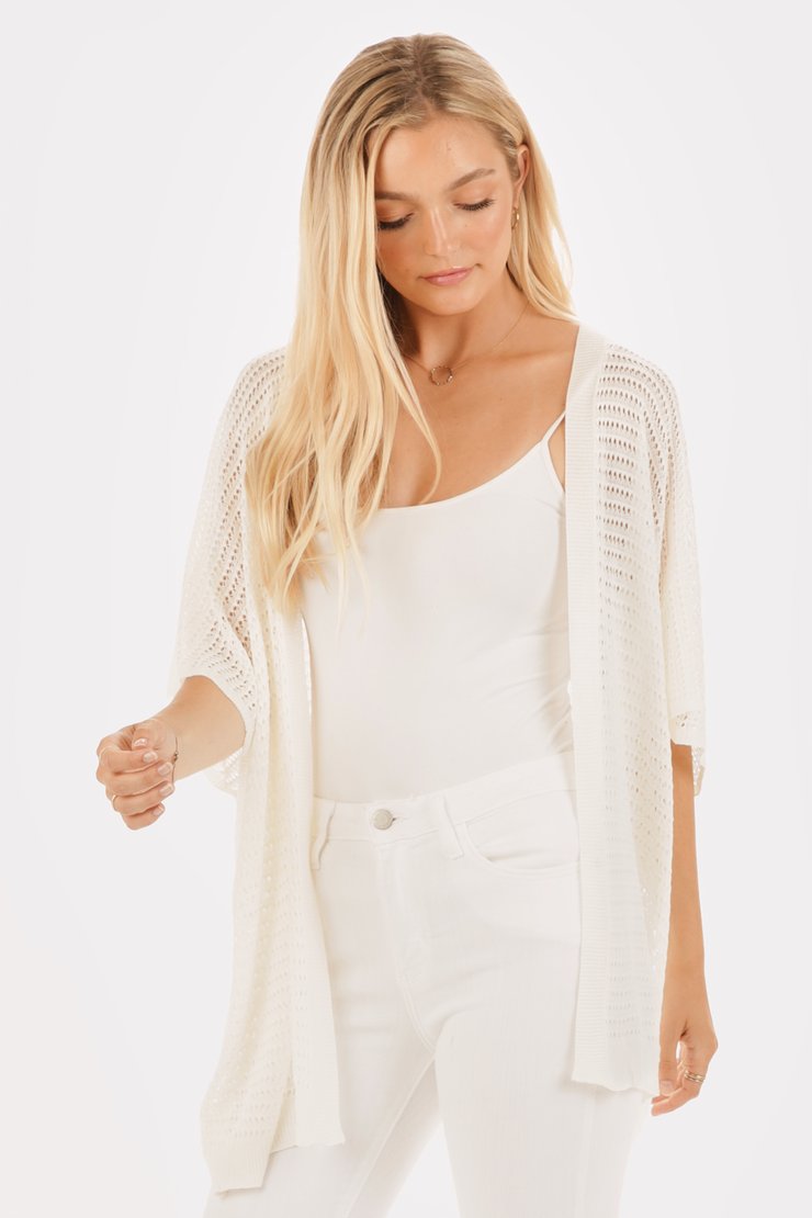 Pointelle Short Sleeve Kimono Cardigan Open Loose Crochet Knit Raglan Sleeve Ribbed Hem Open Front Relaxed/Oversized Fit all sizes S-3XL Regular & PLUS Size in 3 colors: White Off-White Taupe Tan Beige and Black