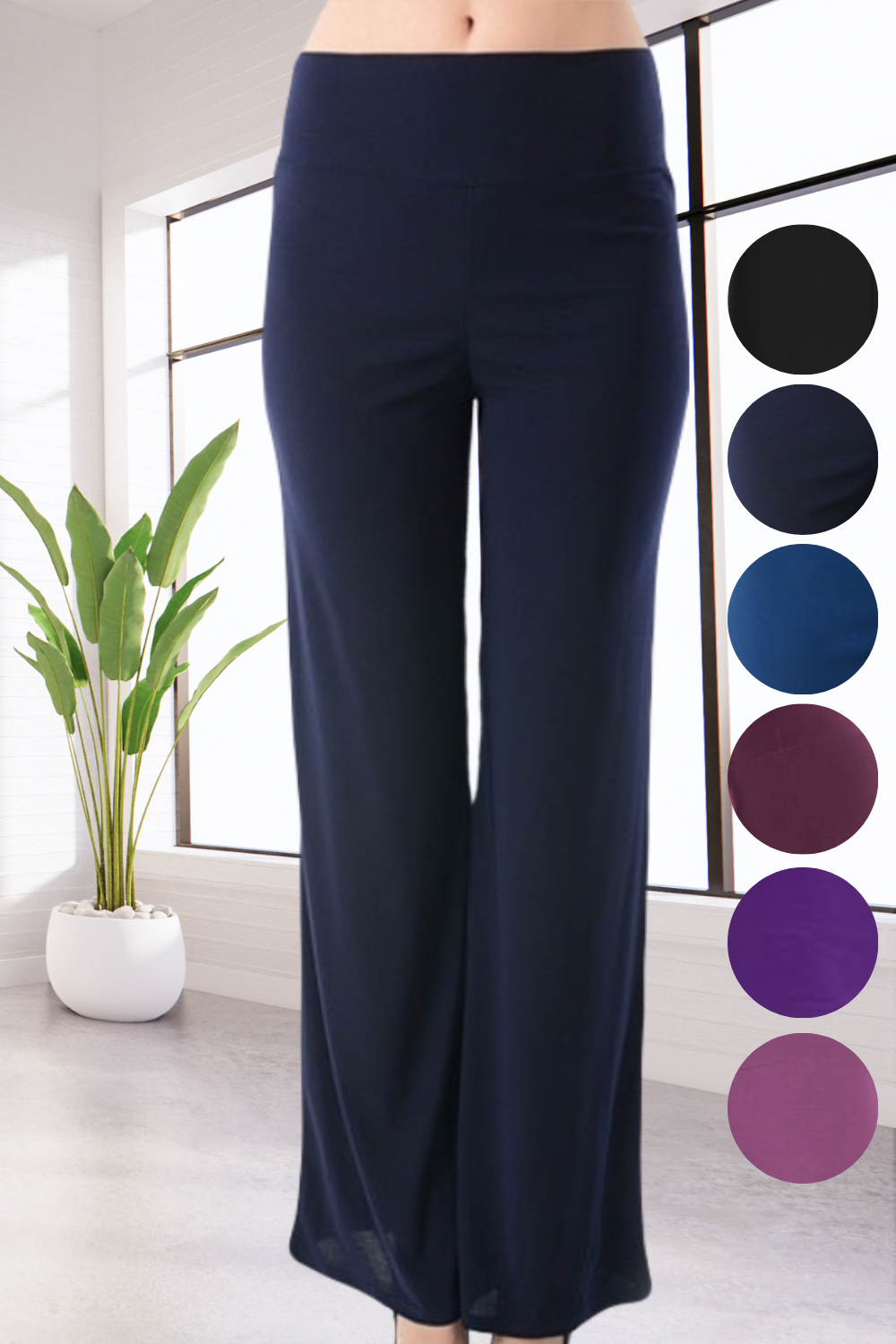 womens misses priscilla palazzo pant foldover yoga waistband slinky ITY material fabric 95/5 poly/spandex stretchy loungewear to evening wear casual to dressy comfort stretch waistband true to size 6 colors: Black, Navy Blue, Teal Blue, Purple, Eggplant, Violet