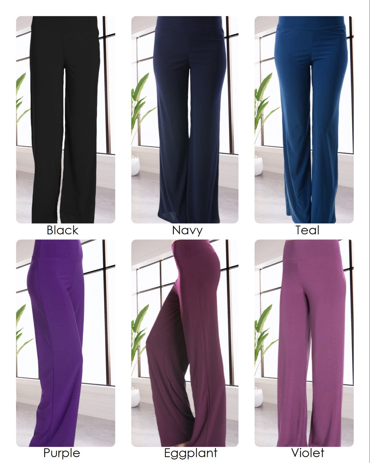 womens misses priscilla palazzo pant foldover yoga waistband slinky ITY material fabric 95/5 poly/spandex stretchy loungewear to evening wear casual to dressy comfort stretch waistband true to size 6 colors: Black, Navy Blue, Teal Blue, Purple, Eggplant, Violet