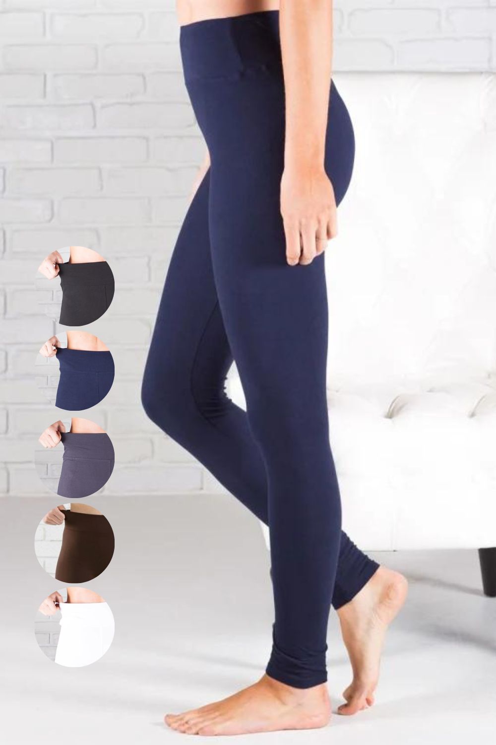 Womens Solid Leggings 3" comfort stretch yoga waistband full length stretch recovery tummy control buttery soft brushed material available in 5 colors: black, navy blue, charcoal grey, coffee brown, white