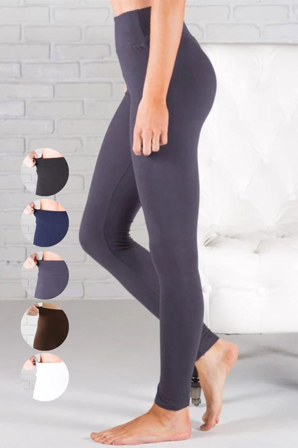 Womens Solid Leggings 3" comfort stretch yoga waistband full length stretch recovery tummy control buttery soft brushed material available in 5 colors: black, navy blue, charcoal grey, coffee brown, white