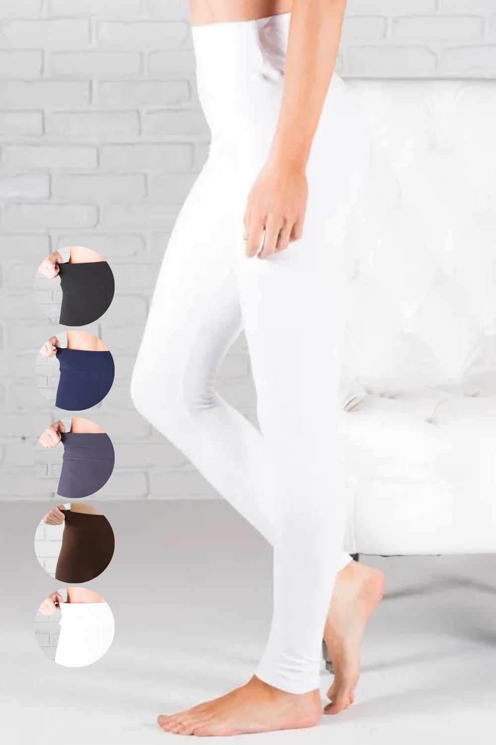 Womens Solid Leggings 3" comfort stretch yoga waistband full length stretch recovery tummy control buttery soft brushed material available in 5 colors: black, navy blue, charcoal grey, coffee brown, white