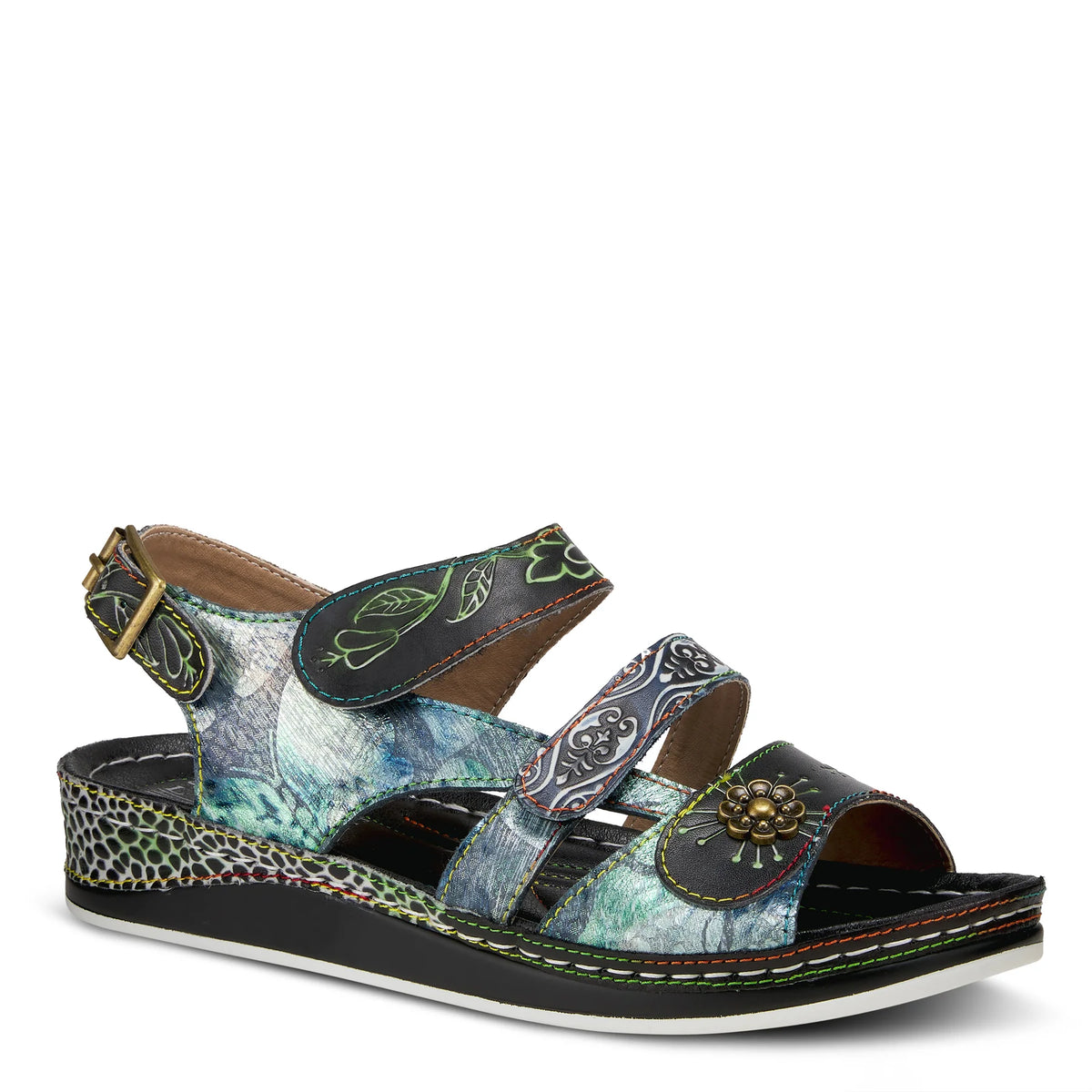 L'Artiste Style: Sumacah Ankle Strap Leather Sandal Shoe SpringStep Shoes Womens Footwear Hand painted, French inspired. unique color blocked floral pattern metal flower button signature rainbow stitching Hook and Loop Velcro straps antiqued gold hardware, floral embossed design, leather pieced wedge. -Hook-and-loop adjustable straps and an adjustable buckled strap at the heel.