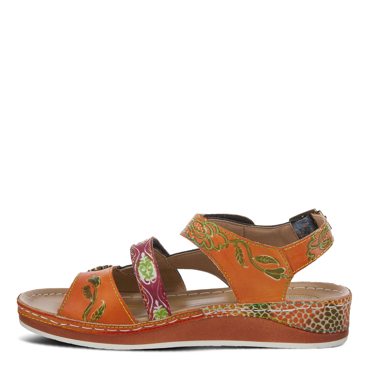 L'Artiste Style: Sumacah Ankle Strap Leather Sandal Shoe SpringStep Shoes Womens Footwear Hand painted, French inspired. unique color blocked floral pattern metal flower button signature rainbow stitching Hook and Loop Velcro straps antiqued gold hardware, floral embossed design, leather pieced wedge. -Hook-and-loop adjustable straps and an adjustable buckled strap at the heel.