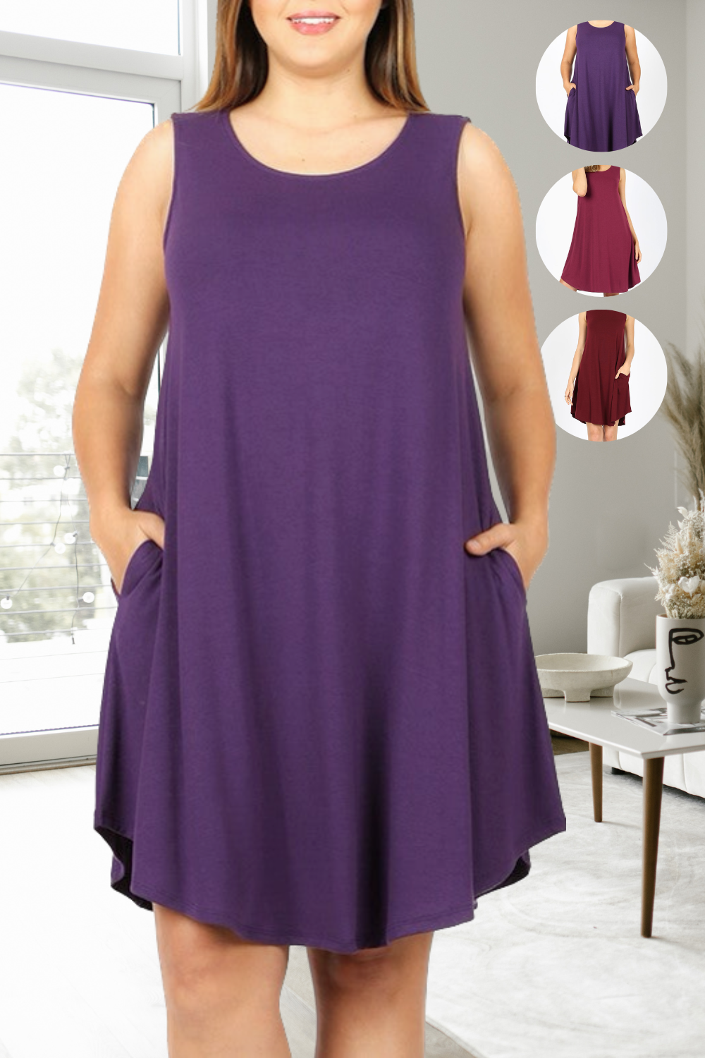 Womens PLUS size Tessie Sleeveless Tank Dress with Pockets 1XL, 2XL, 3XL Rounded Scoop Neckline Swing A-line Relaxed Silhouette. Solid Colors: Dark Purple, Dark Burgundy Maroon, Wine