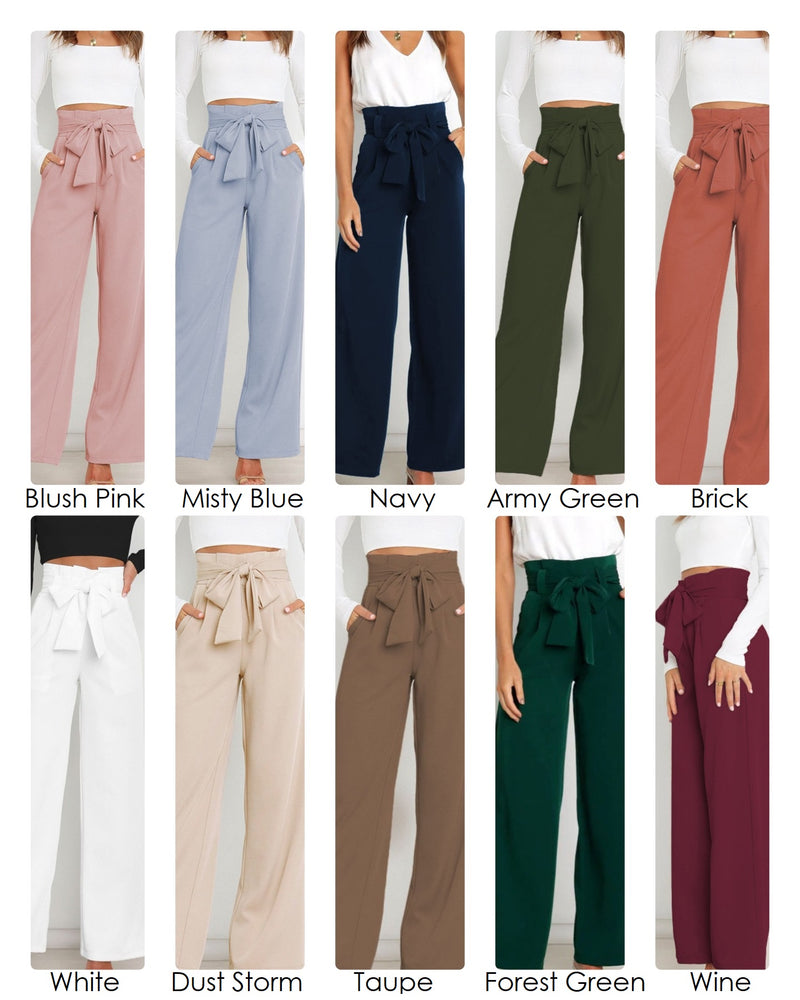 Womens Misses Dress Pants Trousers with Pockets, Paperbag Tie Waist, Wide Leg Silhouette, Pleated, several solid colors including Blush Light Pink, Light Sky Blue, Navy Blue, Army Green, Forest Green, Brick Terracotta Rust, White, Dust Storm Ivory Cream Beige Off-White, Taupe Brown Tan, Burgundy Wine