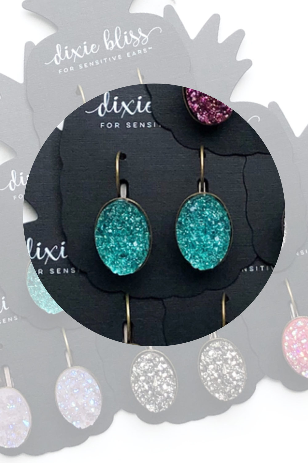 Dixie Bliss Earrings: Brilliant Lever Backs Hypoallergenic made in the USA woman-owned company druzy shiny diamond-like sparkle and shine safe & made for sensitive ears