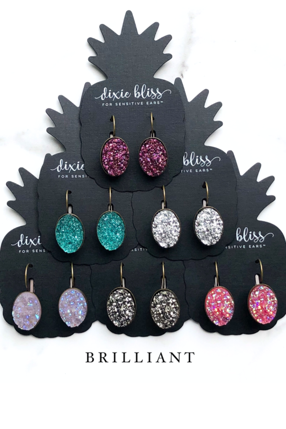 Dixie Bliss Earrings: Brilliant Lever Backs Hypoallergenic made in the USA woman-owned company druzy shiny diamond-like sparkle and shine safe & made for sensitive ears