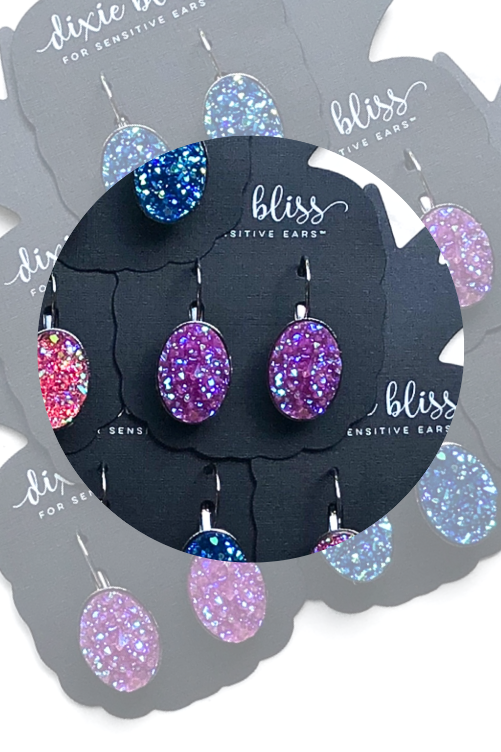 Iridescent Violet Purple | Dixie Bliss Earrings: Vivid Lever Backs In Blue, Pink, and Purple. All Hypoallergenic made in the USA woman-owned company druzy shiny diamond-like sparkle and shine safe & made for sensitive ears