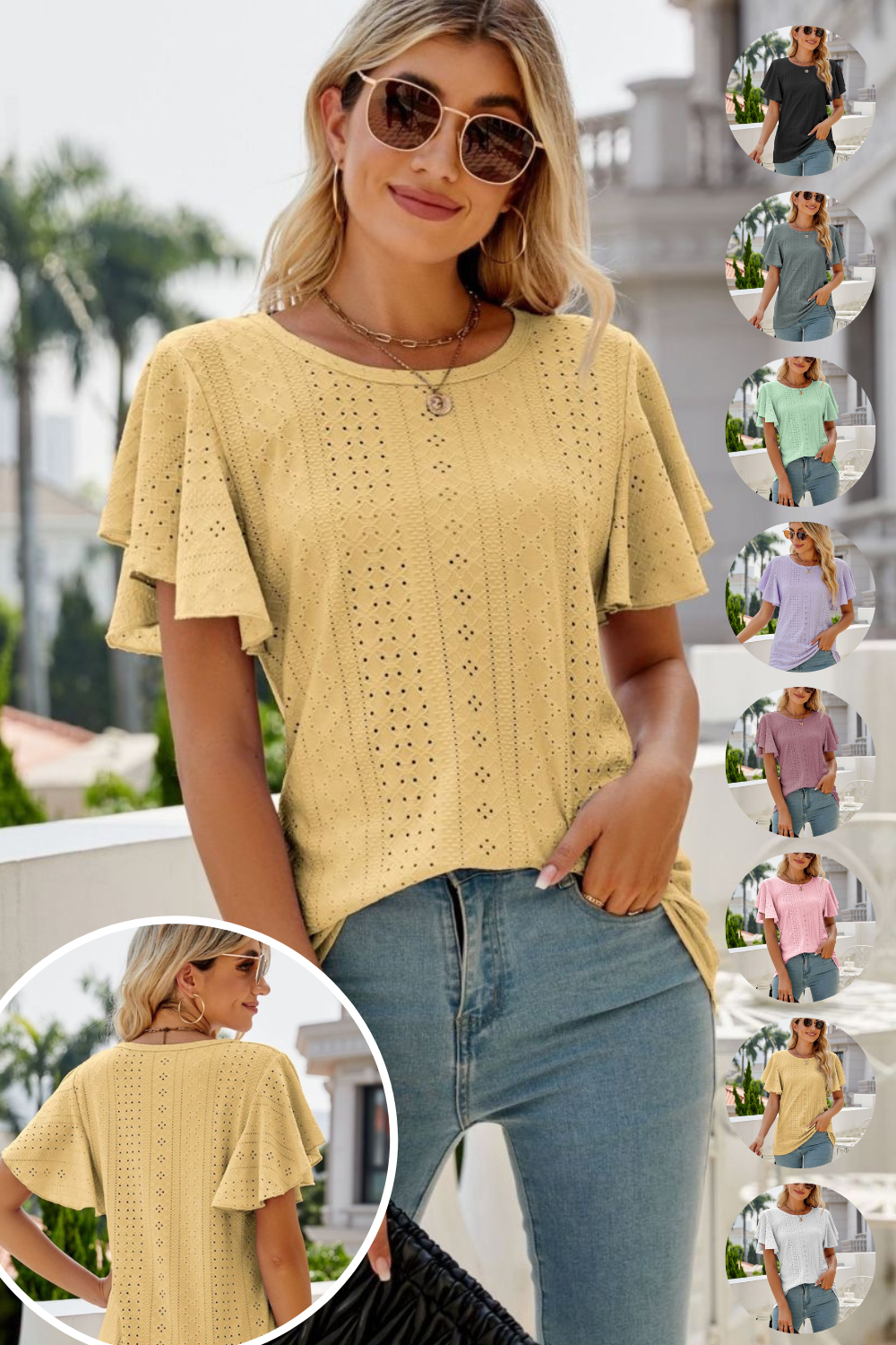 Womens Misses Short Sleeve Eloise Eyelet Flutter Sleeve Round Neck Blouse Top in several color options: Black, White, Light Lime Green, Sage Green, Lilac Lavender Purple, Dusty Purple Mauve, Blush Pink Baby Pink, Yellow, White