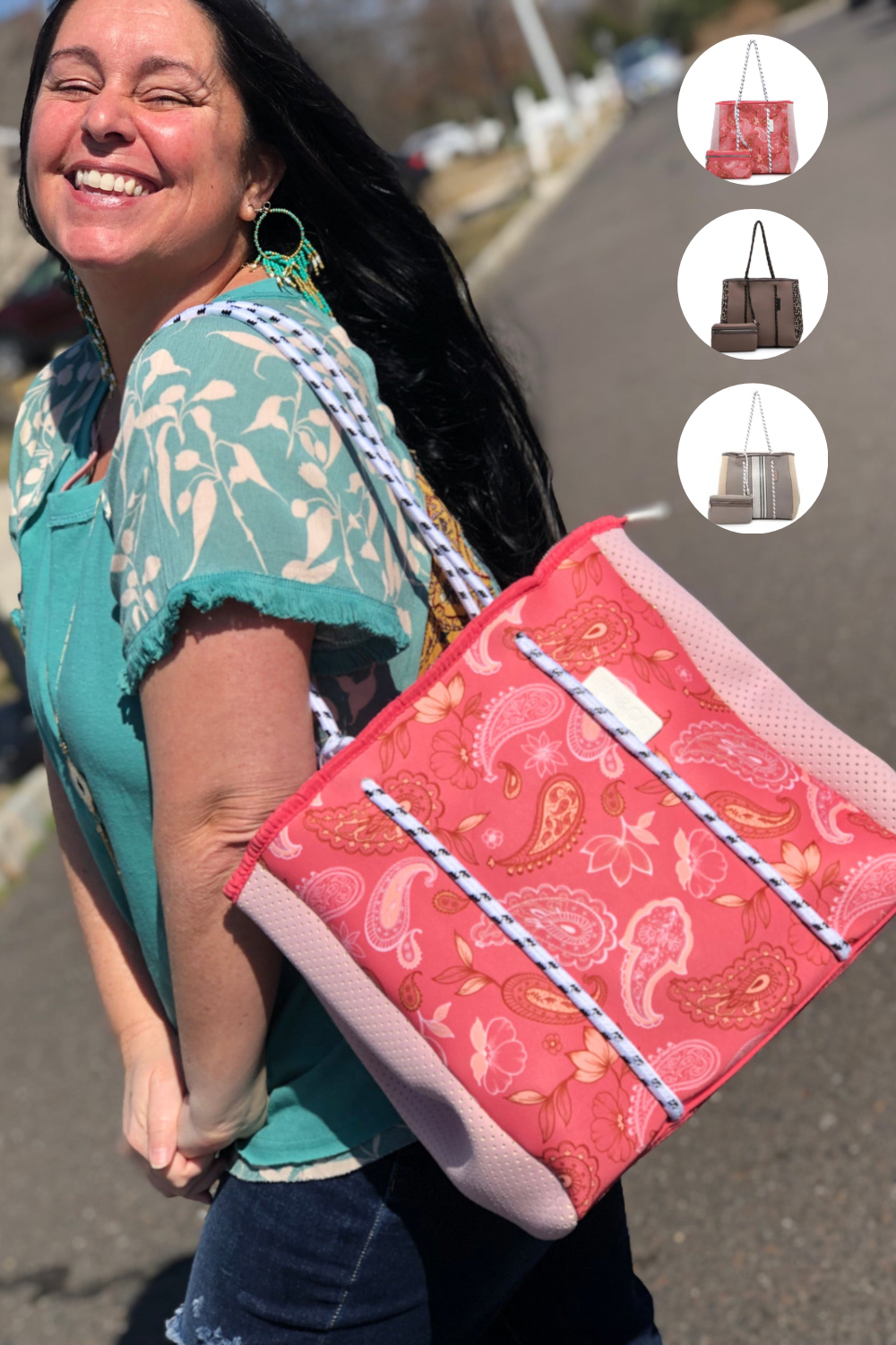 Meribella Neoprene Tote Bag Set | Natching Wallet Pouch | Side snaps | extra storage space | Inside removable pouch | Inside slip and zip pockets | Fully washable | Dimensions: 18"L x 5"W x 13.5"H | Beach Bag | Day Trip Bag | Neoprene | Washable | Stretchy | Paisley | Brown | Coffee | Latte |