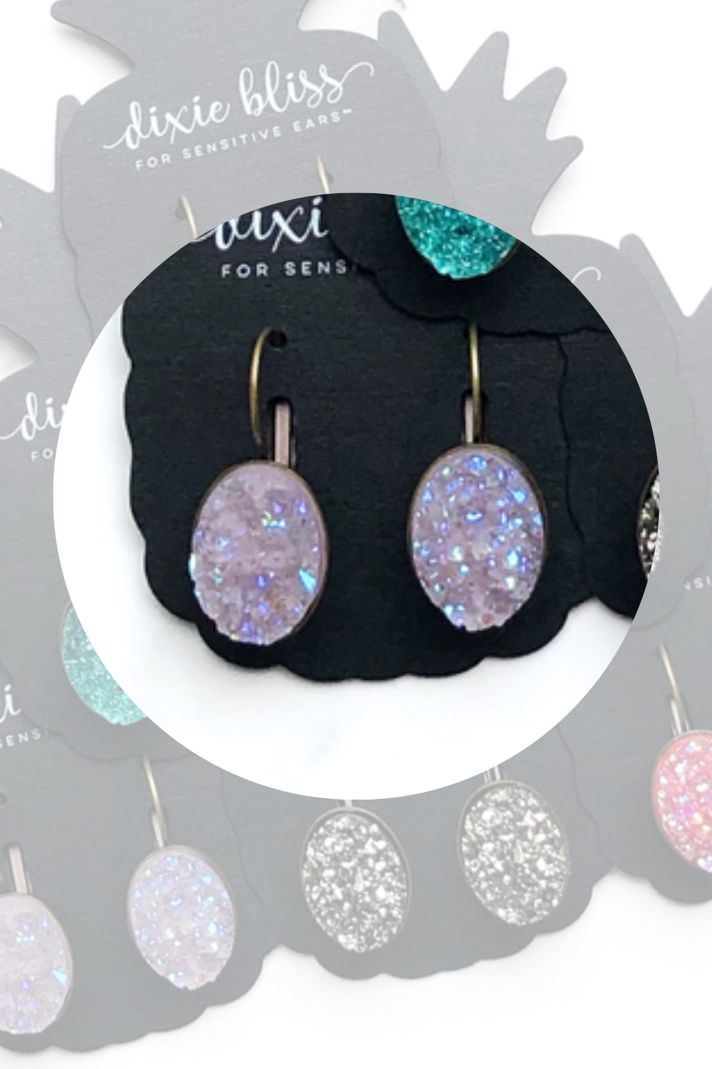 Dixie Bliss Earrings: Brilliant Lever Backs Hypoallergenic made in the USA woman-owned company druzy shiny diamond-like sparkle and shine safe & made for sensitive ears
