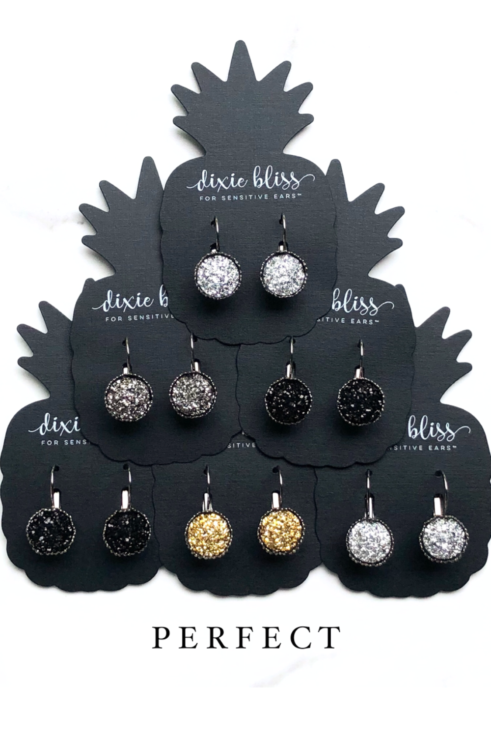 Dixie Bliss Earrings: Perfect Lever Backs In Gunmetal, Silver, Gold, Black. All are Hypoallergenic made in the USA woman-owned company druzy shiny diamond-like sparkle and shine safe & made for sensitive ears