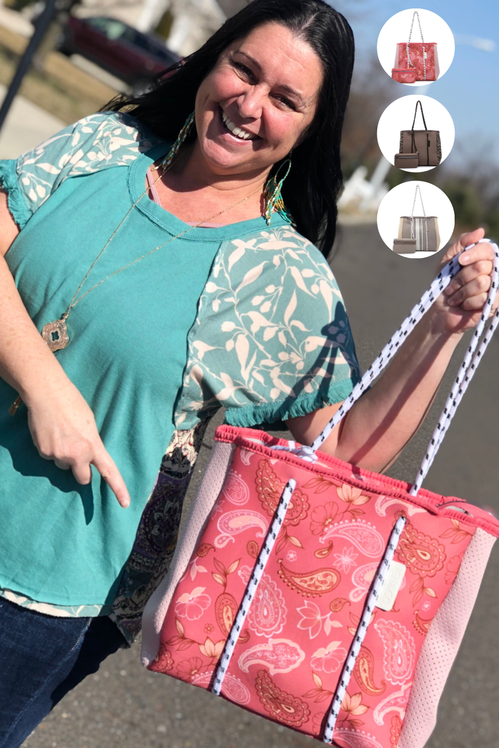 Paisley Coral and Brown Cheetah Leopard | Meribella Neoprene Tote Bag Set | Natching Wallet Pouch | Side snaps | extra storage space | Inside removable pouch | Inside slip and zip pockets | Fully washable | Dimensions: 18"L x 5"W x 13.5"H | Beach Bag | Day Trip Bag | Neoprene | Washable | Stretchy | Paisley | Brown | Coffee | Latte |