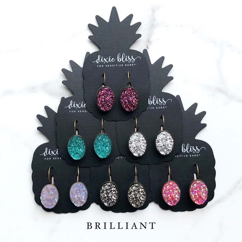 Dixie Bliss Earrings: Brilliant Lever Backs Hypoallergenic made in the USA woman-owned company druzy shiny diamond-like sparkle and shine safe & made for sensitive ears