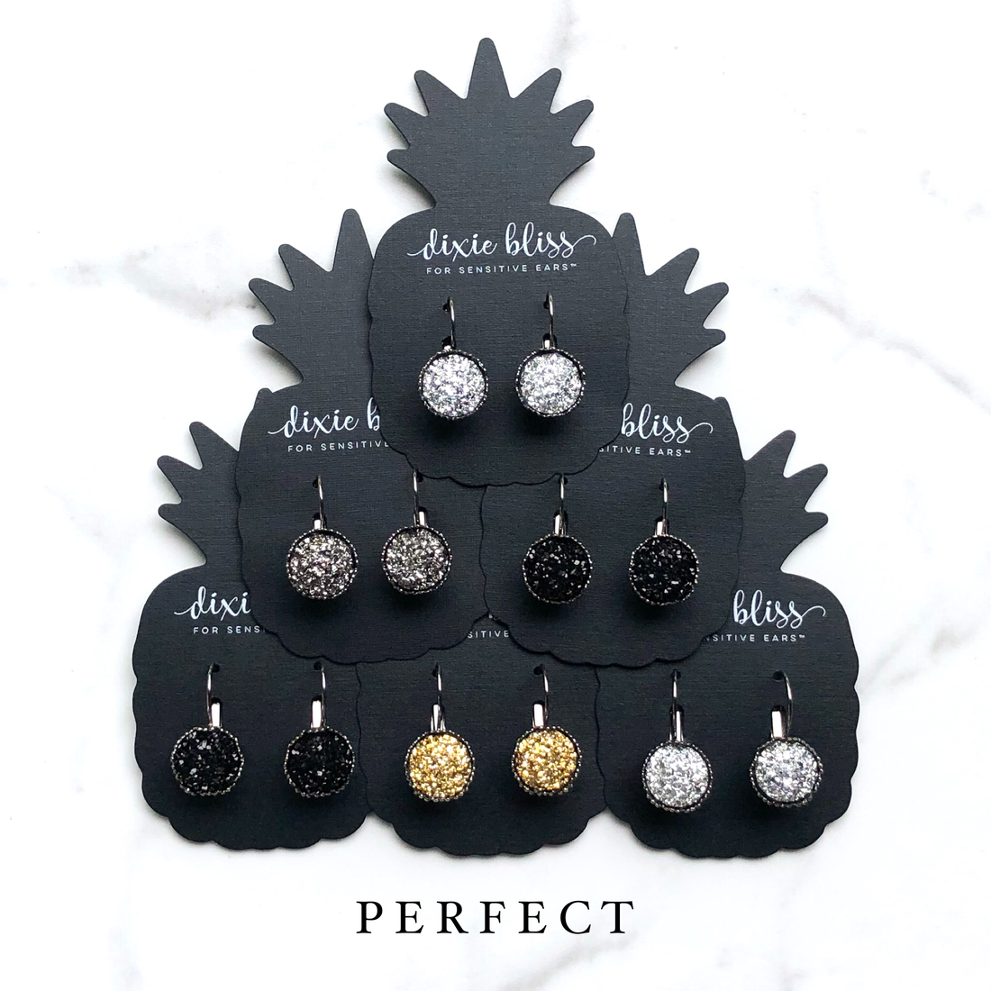 Dixie Bliss Earrings: Perfect Lever Backs In Gunmetal, Silver, Gold, Black. All are Hypoallergenic made in the USA woman-owned company druzy shiny diamond-like sparkle and shine safe & made for sensitive ears