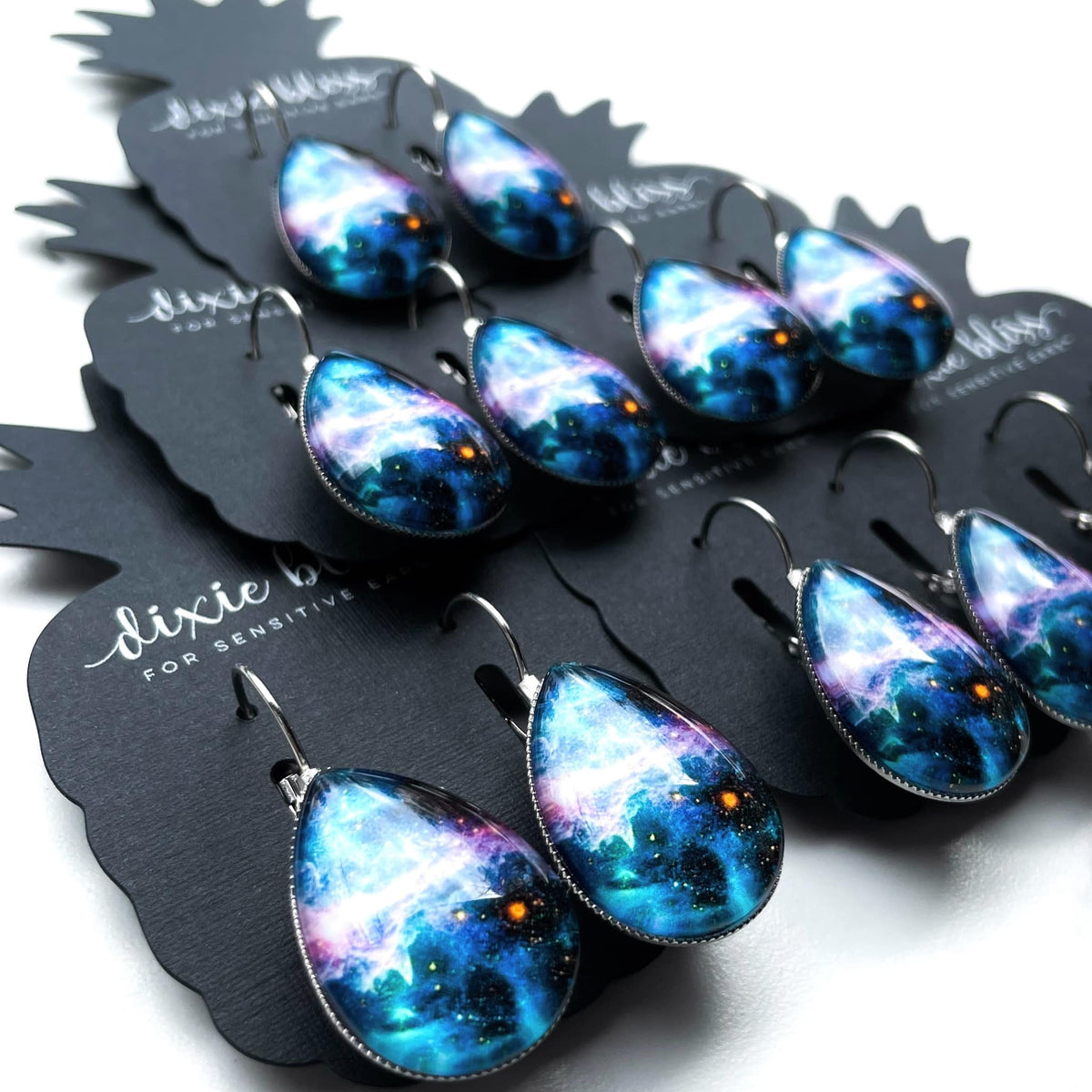 Dixie Bliss Earrings: Galaxy Space Galactic Lever Backs Hypoallergenic made in the USA woman-owned company; safe & made for sensitive ears