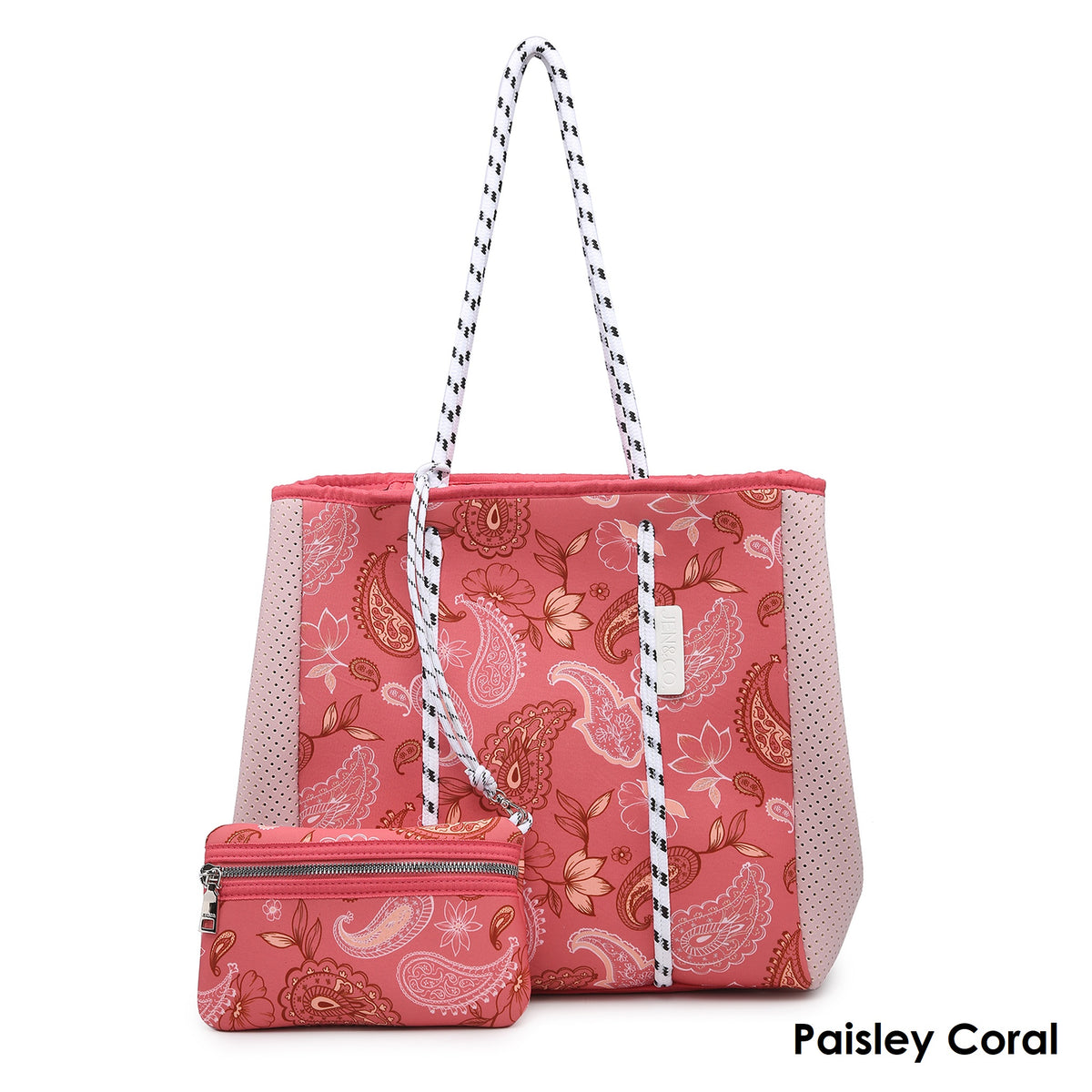 Paisley Coral Handbag Wallet Pouch Set Stretchy neoprene |  Meribella Neoprene Tote Bag Set | Natching Wallet Pouch | Side snaps | extra storage space | Inside removable pouch | Inside slip and zip pockets | Fully washable | Dimensions: 18"L x 5"W x 13.5"H | Beach Bag | Day Trip Bag | Neoprene | Washable | Stretchy | Paisley | Brown | Coffee | Latte |