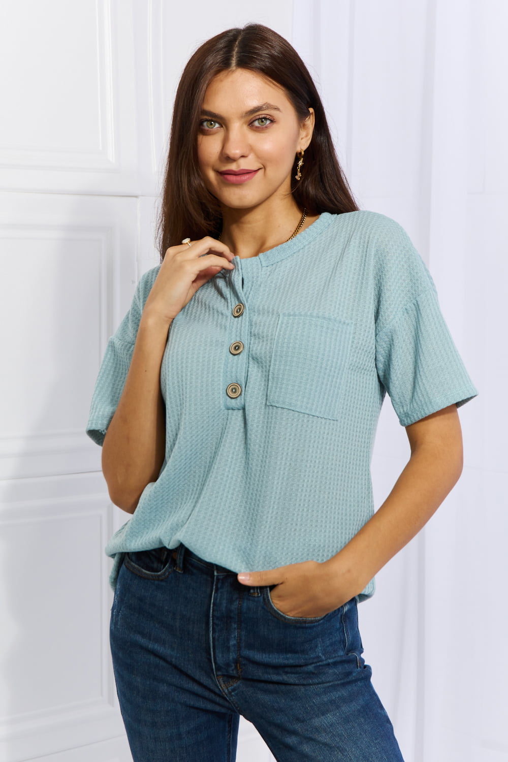 Made For You 1/4 Button Down Waffle Top in Blue