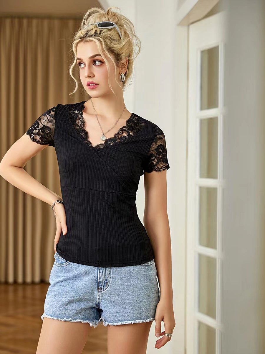 Luring Lace Ribbed V-Neck Top